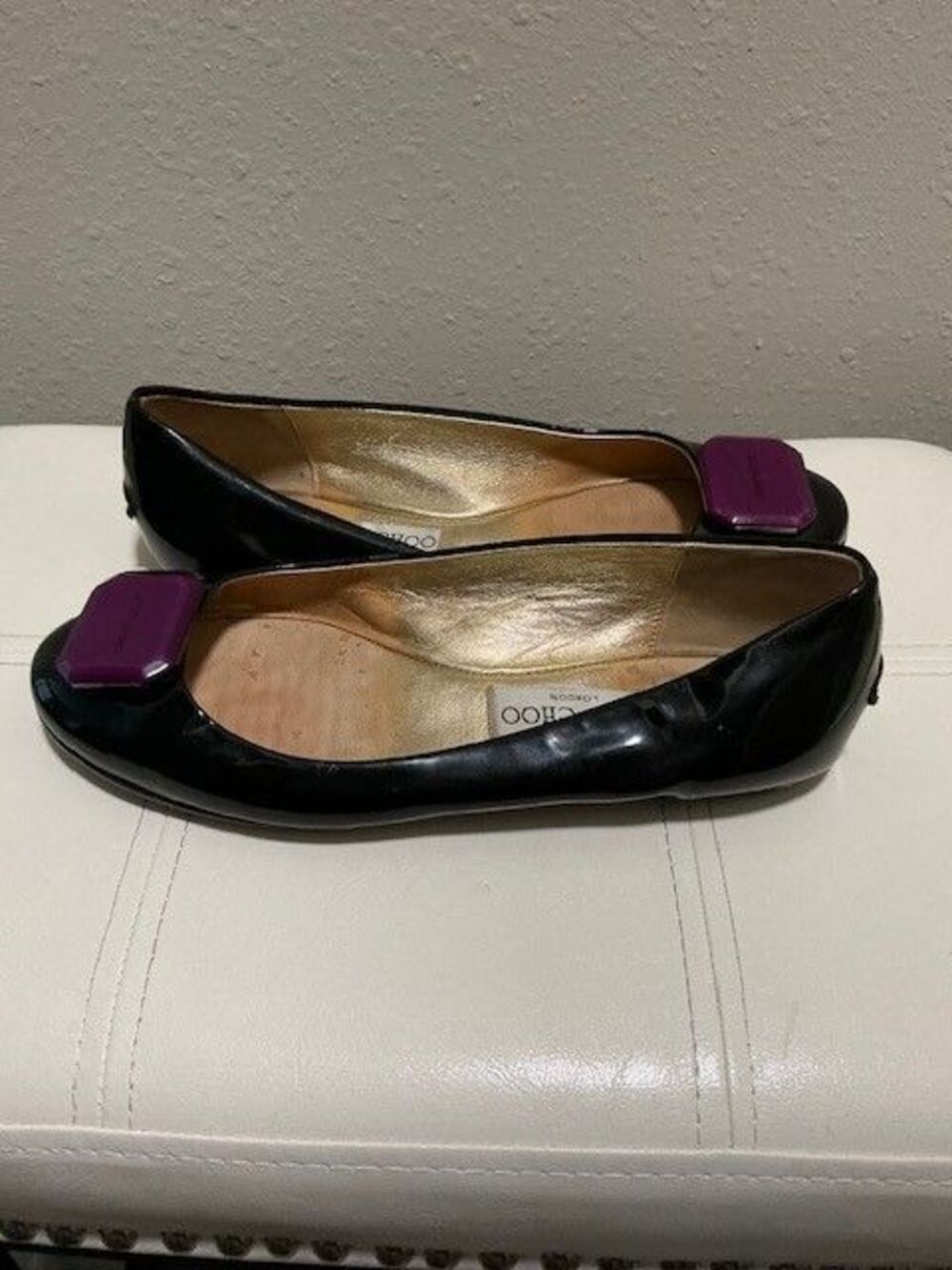 Jimmy Choo Black Patent Leather Ballet Flats with Purple Toe Accent & Heel Logo - Picture 7 of 8